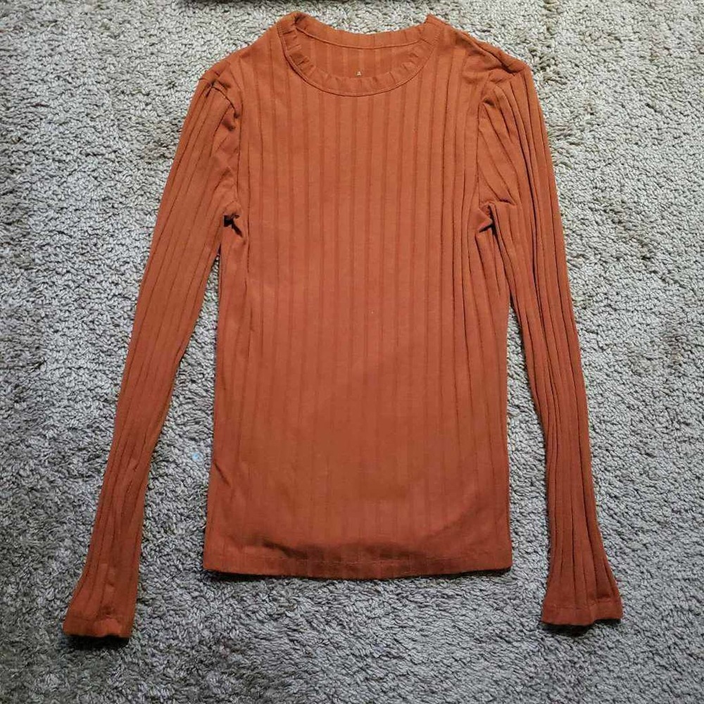 A New Day Womens T-Shirt Orange Long Sleeve Pullover Crew Neck Stretch Ribbed S